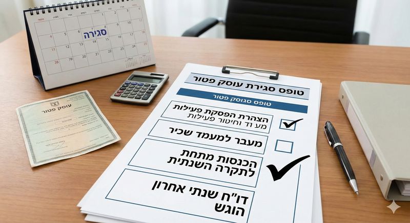 טופס סגירת עוסק פטור טופס סגירת עוסק פטור מלא על שולחן משרדי לצד לוח שנה.